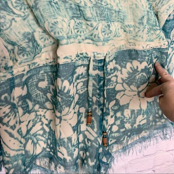 Chaser Boho Blue Silk Chiffon Floral Tapestry Bell Sleeve Fringe Romper - Picture 7 of 16